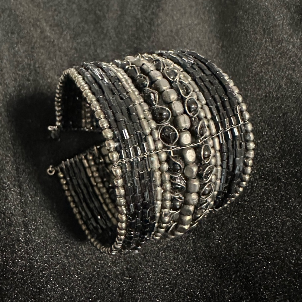 Black and Silver Beaded Cuff Bracelet
